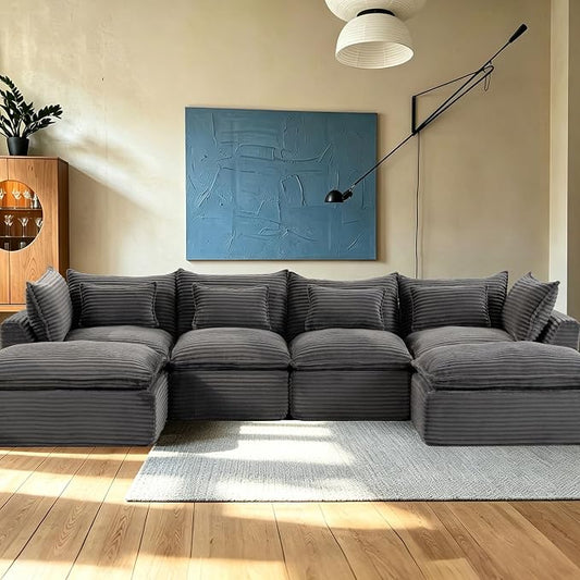 Boneless Couch Sectional Sofas Cloud Couches for Living Room | 130'' Modern Modular Cloud Sofa with Pillows and Ottoman for Bedroom
