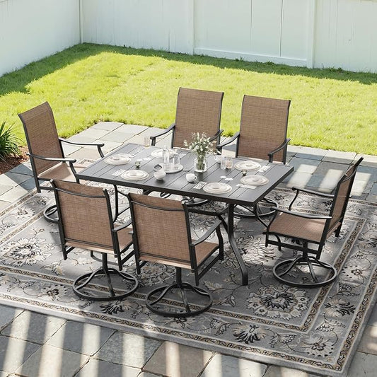 Soohow Outdoor Dining Set for 6, 7-Piece Patio Table and Chairs Set, 6 x Swivel Patio Dining Chairs with Textilene Fabric and 60"x35" Outdoor Table with 1.57" Umbrella Hole for Backyard, Poolside