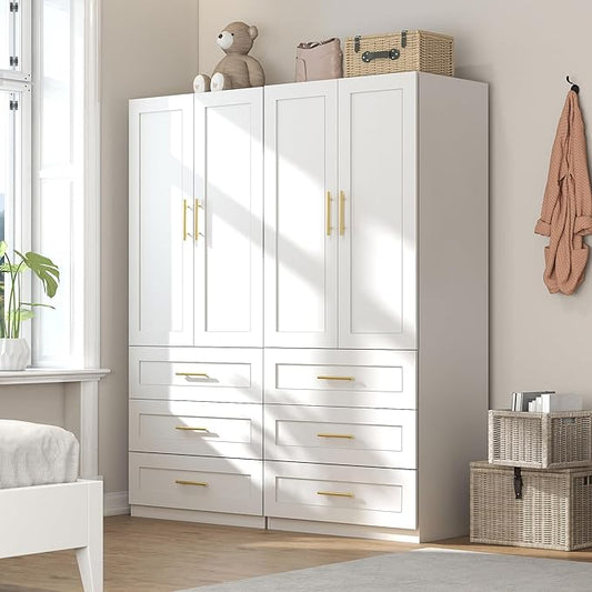 White Wardrobe with 4 Doors: 75" Tall Armoire Wardrobe Closet with 6 Drawers, Bedroom Closet Cabinet for Hanging Clothes, Wooden Storage Armoire with Shelves (Modern, 2)