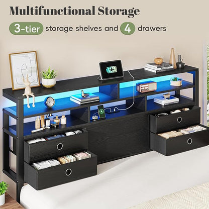 Homkdom Queen Bed Frame with 3-Tier Storage Headboard and 4 Fabric Drawers, LED Light & Charging Station, Noise-Free Metal Platform, No Box Spring Needed, Easy Assembly, Black