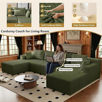 142" Oversized Cloud Modular Sectional Sofa Boneless Couches with Double Chaise Lounge and Deep Seat, Fluffy Corduroy Upholstered Compressed Lounge Sofa & Couches for Living Room