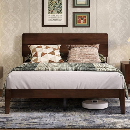 Novilla Full Size Bed Frame with 3-Level Adjustable Storage Headboard, Solid Wood Platform Bed Frame with Slats, No Box Spring Needed, Noise Free, Walnut Finish for Master Bedroom and Guest Room