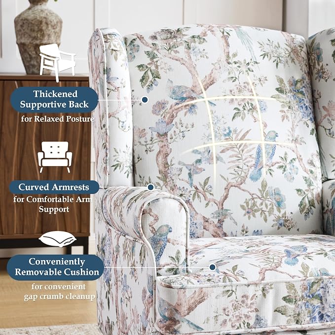 EROMMY Floral Accent Chair, Comfortable High Back Upholstered Armchair with Solid Wood Legs, Leisure Single Sofa Chair for Living Room, Bedroom, Home Office, Light Blue Floral&Bird