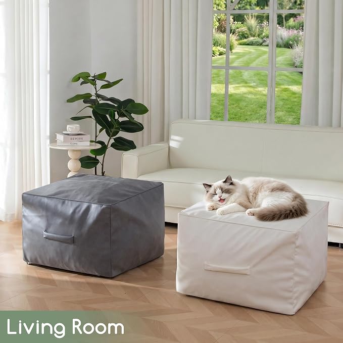 HIGOGOGO Square Stuffed Pouf Ottoman, Pu Leather Poufs with Foam Chunk Filling, Furry and Fluffy Pouf Foot Stool Storage Ottoman,26x18 Inches Floor Poufs Foot Rest for Living Room, Grey