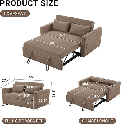 55.5" Fabric Convertible Sofa Bed, Pull Out Sleeper Sofa Bed, Loveseat Couch with Side Pocket, 3 in 1 Convertible Sleeper Sofa Bed for Living Room, Apartment, Bedroom, RV, Brown