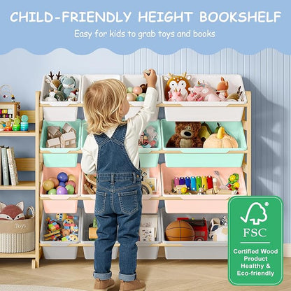 EXPERLAM Toy Storage Organizer, Toy Storage Shelf with 3 Shelves and 16 Storage Bins (12 Small + 4 Large), 3-in-1 Kids Bookshelf for Kids Rooms, Playroom, Nursery, Multi