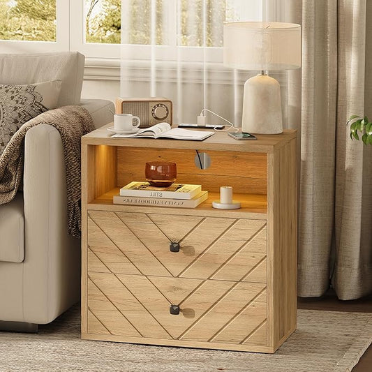 Modern Nightstand with Charging Station,LED Bedside Table with 2 Storage Drawers and Open Storage Cabinet,Wood Large End Table for Bedroom Furniture,Oak