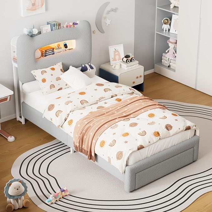 GarveeHome Led Twin Bed Frame for Kids with Drawer, Upholstered Sturdy Platform Bed with Storage Headboard and Charging Station, Noise Free, Easy Assemble, for Girls/Boys, Grey