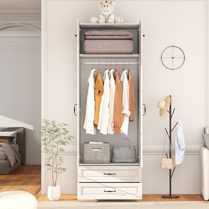 Armoire Wardrobe Closet with Drawers: Bedroom Armoires with Hanging Rod, Wooden Closet Cabinet for Hanging Clothes, Tall Wardrobes Closets with Doors and Shelves (White, 32")