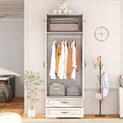 Armoire Wardrobe Closet with Drawers: Bedroom Armoires with Hanging Rod, Wooden Closet Cabinet for Hanging Clothes, Tall Wardrobes Closets with Doors and Shelves (White, 32")