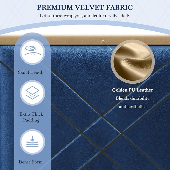 Merax Queen Bed Frame with Wingback Headboard, Luxury Velvet Upholstered Platform Bed Frame King Size with 2 Built-in Led Lights and 2 Floating Storage Shelves for Bedroom, No Box Spring Needed, Blue