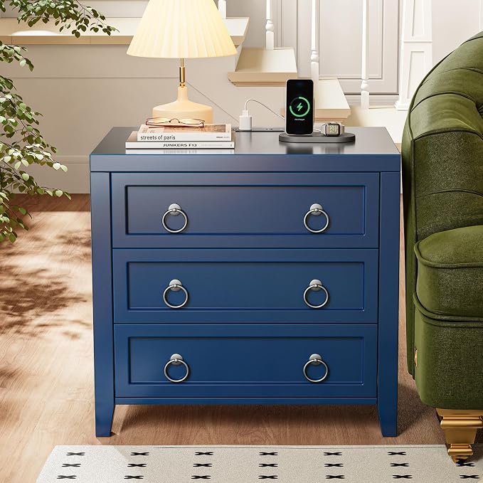 Huuger 23.6 Inch Night Stand with Charger Station and USB-C Port, 3 Drawer Nightstands Set of 2, Larger Wider Bedside Table, Modern End Table, for Bedroom, Blue Nightstand