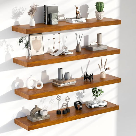 Floating Shelves for Wall, 48 Inch Extra Long Brown Wall Shelves, Set of 4, Hanging Invisible Brackets Floating Shelves for Living Room,Bedroom,and Kitchen