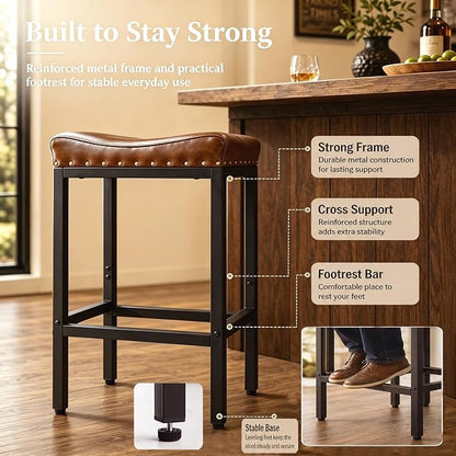 Forteek Counter Height Bar Stools Set of 2,30 Inch, Industrial Vintage Bar Stool with Nailhead, Faux Leather Barstool with Footrest, Saddle Stool for Kitchen Island, Dining Room, Easy Assembly