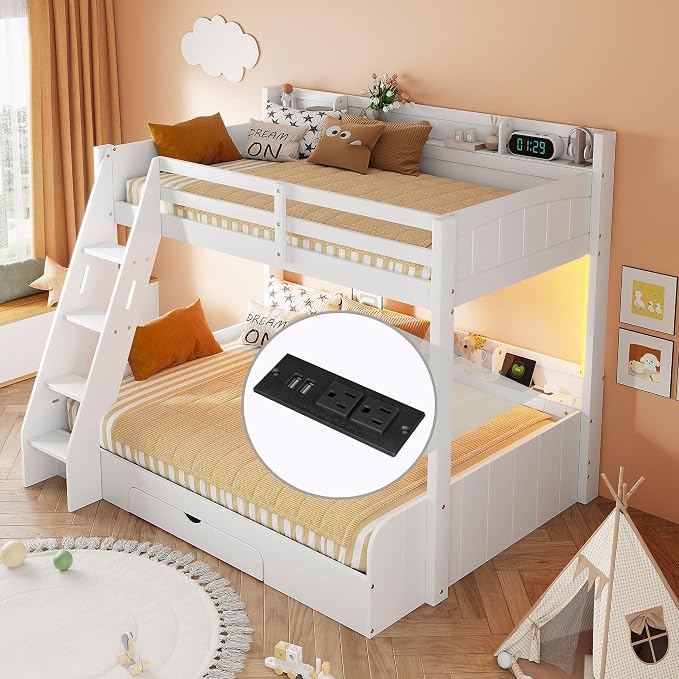 RUNNA Twin Over Full Bunk Bed with Storage Shelves, LED White/LED | Charging Station and a Drawer, Solid Wood Bunk Bed for Kids, Teens, Adults