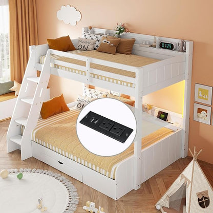 RUNNA Twin Over Full Bunk Bed with Storage Shelves, LED White/LED | Charging Station and a Drawer, Solid Wood Bunk Bed for Kids, Teens, Adults