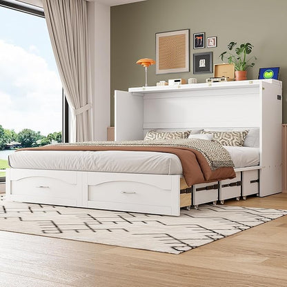 Ball & Cast Wall Bed Queen Size Murphy Beds with Drawer and a Set of Sockets,Multi-Functional Hideaway Cabinet w/USB Ports,Pulley Structure Design,Space Saving for Bedroom,Apartment,Studio,White