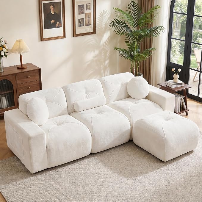 112" Modular Sectional Cloud Couch, L Shaped Sofa Boneless Couches with Movable Ottoman, 3 Deep Seat Modern Comfy Velvet Sofa for Living Room, Bedroom, Apartment (Beige)