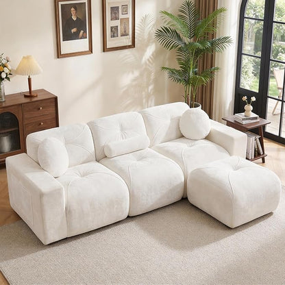 112" Modular Sectional Cloud Couch, L Shaped Sofa Boneless Couches with Movable Ottoman, 3 Deep Seat Modern Comfy Velvet Sofa for Living Room, Bedroom, Apartment (Beige)