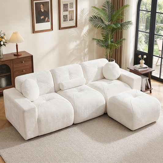112" Modular Sectional Cloud Couch, L Shaped Sofa Boneless Couches with Movable Ottoman, 3 Deep Seat Modern Comfy Velvet Sofa for Living Room, Bedroom, Apartment (Beige)