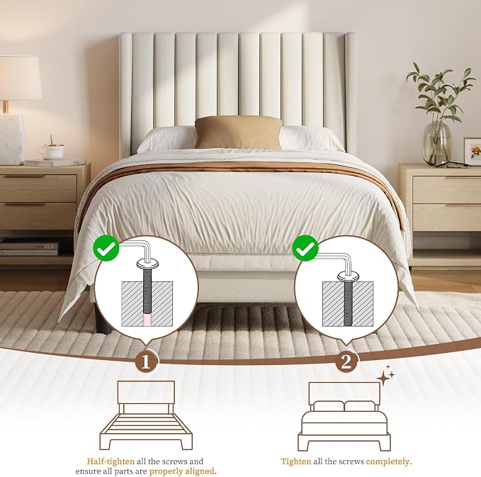 Yaheetech Twin Bed Frame Upholstered Platform Bed with Fabric Headboard, Wing Edge Design/Non-Slip and Noise-Free/Wooden Slats Support/No Box Spring Needed/Easy Assembly, Ivory Twin Bed