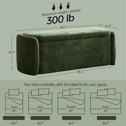 VKNOW 46" Oval Storage Ottoman Bench, Upholstered End of Bed Bench Ottomans Bench Foot Rest, Sherpa Storage Bench for Bedroom, Living Room and Hallway, Green