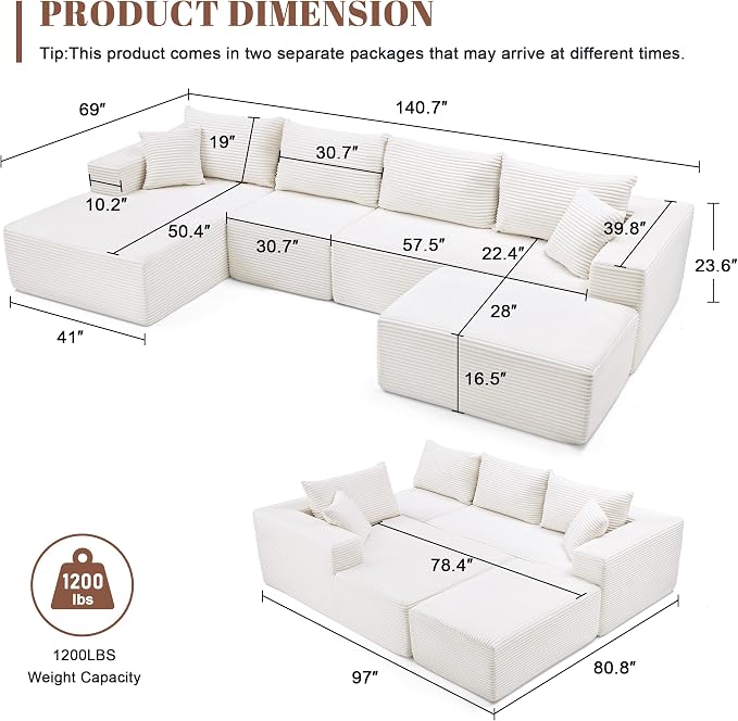 Mangodan 140” Cloud Sectional Couch, Modular Sectional Sofa with Deep Seat, Boneless Sofa for Living Room, Fluffy Comfy U-Shaped Couch with Left Facing Chaise, No Assembly Required, Beige
