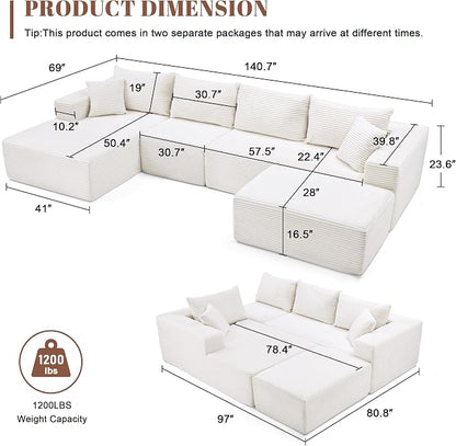 Mangodan 140” Cloud Sectional Couch, Modular Sectional Sofa with Deep Seat, Boneless Sofa for Living Room, Fluffy Comfy U-Shaped Couch with Left Facing Chaise, No Assembly Required, Beige