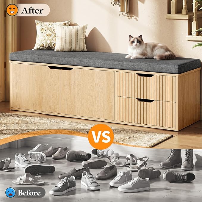 59" Storage Bench with Drawer, 2-Tier Shoe Bench with Doors, Long Entryway Bench, Thickened Cushion, Adjustable Shelf, Fluted Design for Entryway, Bedroom, Living Room, Natural