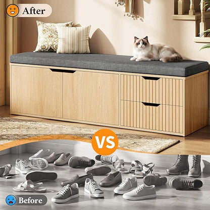 59" Storage Bench with Drawer, 2-Tier Shoe Bench with Doors, Long Entryway Bench, Thickened Cushion, Adjustable Shelf, Fluted Design for Entryway, Bedroom, Living Room, Natural