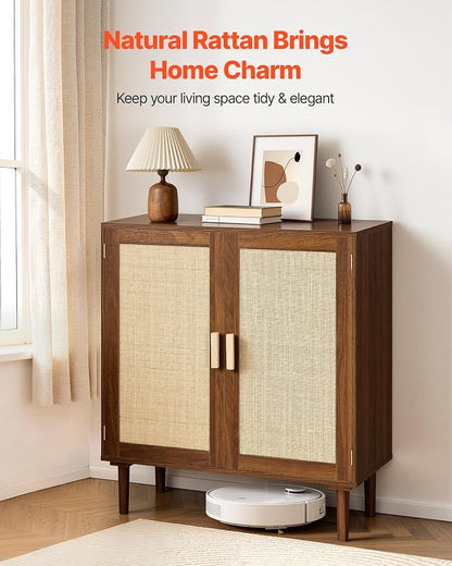 VEVOR Rattan Cabinet, Rattan Storage Cabinet with 2 Magnetic Doors and Adjustable Shelves, Accent Sideboard Buffet with Wooden Legs & Power Cord Hole for Hallway, Entryway, Living Room, Kitchen, Brown