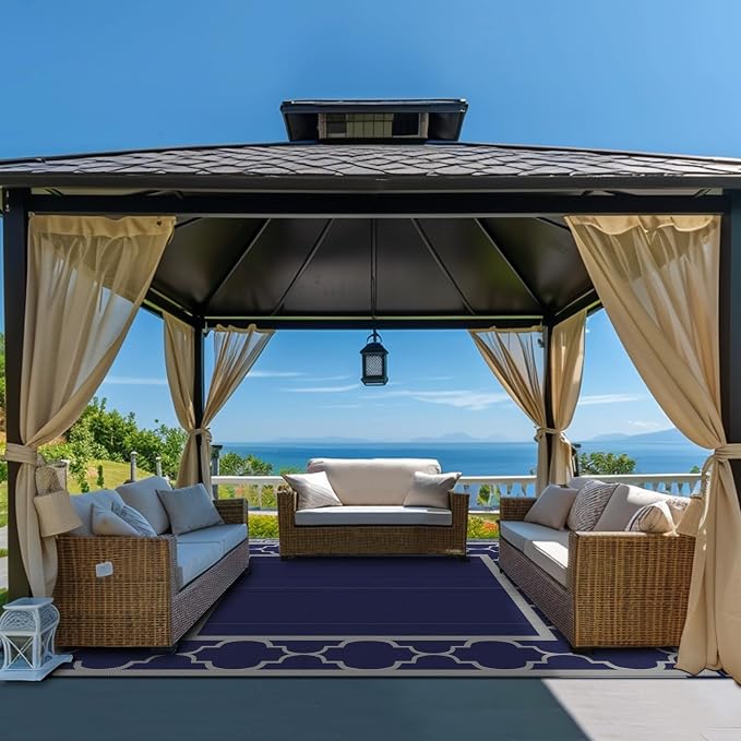 GENIMO 10 'x10 ' Outdoor Rug for Patio Clearance, Waterproof Indoor Outdoor Plastic Straw Rugs Carpet, Reversible Outside Area Rv Mat for Camping, Balcony Porch, Deck, Picnic, Beach (Blue & Grey)
