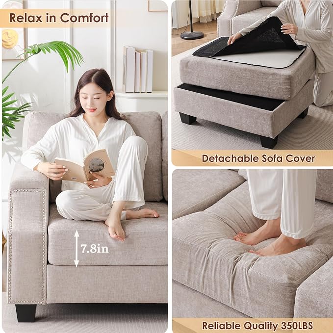 Rexulqo 85'' L Shaped Couch with Armrest Organizer,Comfy 3 Seats Sofa with Storage Ottoman,Chenille Sectional Couches for Living Room,Bedroom,Apartment,Sofa Set with Oversized Chair,Khaki