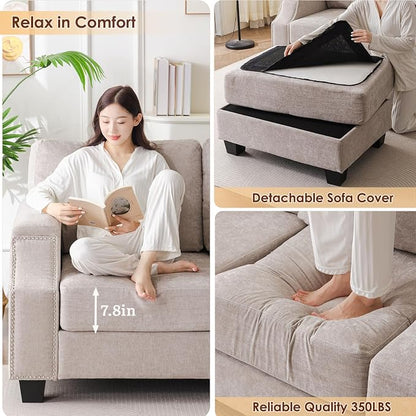 Rexulqo 85'' L Shaped Couch with Armrest Organizer,Comfy 3 Seats Sofa with Storage Ottoman,Chenille Sectional Couches for Living Room,Bedroom,Apartment,Sofa Set with Oversized Chair,Khaki
