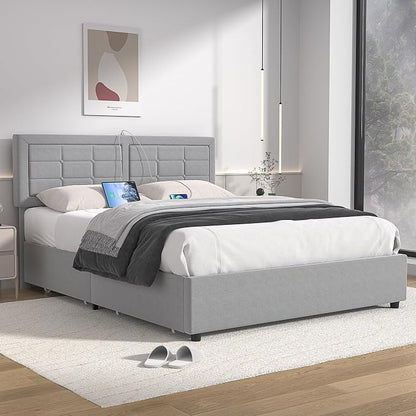 VECELO Queen Size Bed Frame with 4 Storage Drawers & Adjustable Headboard, Built-in Charging Station, Upholstered Bedframe with Wood Slats Support, Light Grey
