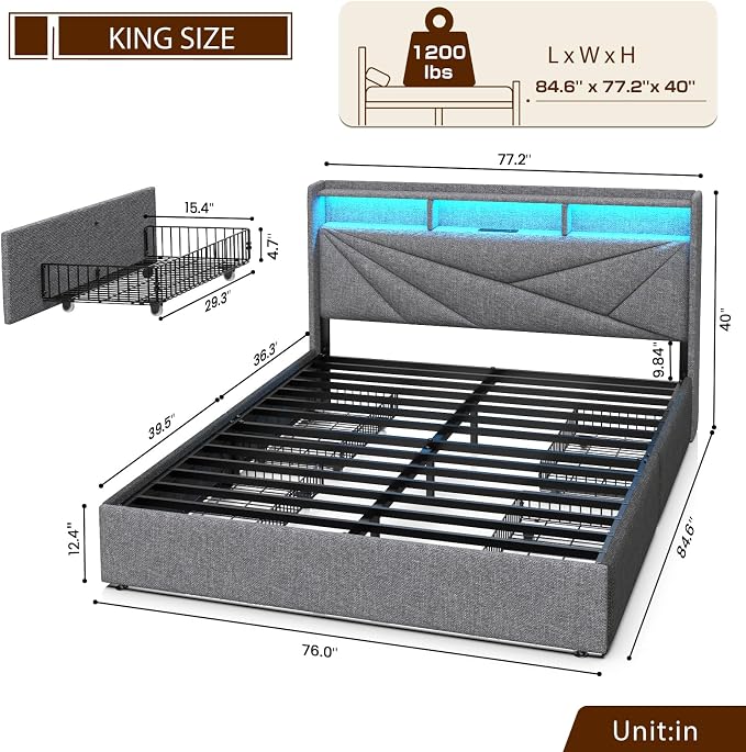 Driftalia LED King Size Bed Frame with 4 Storage Drawers, Upholstered King Bed Frame with 2-Tier Headboard and Charging Station, No Box Spring Needed, Easy to Assembly - Light Grey
