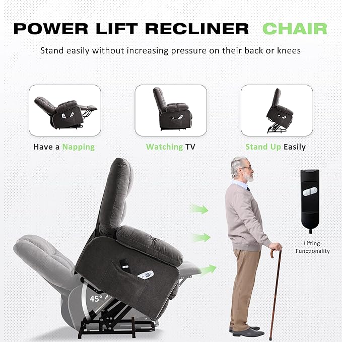 BOSMILLER Power Lift Recliner Chair with Massage and Heat for Elderly,Electric Lift Chair with USB Charging Runction and Side Pockets, Suitable for Living Rooms and bedrooms,Grey