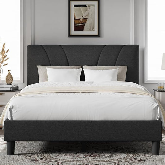 Novilla Full Size Bed Frame with Adjustable Headboard Platform Full Bed Frame with Linen Upholstered Headboard, No Box Spring Needed, Noise-Free, Easy Assembly, Dark Grey