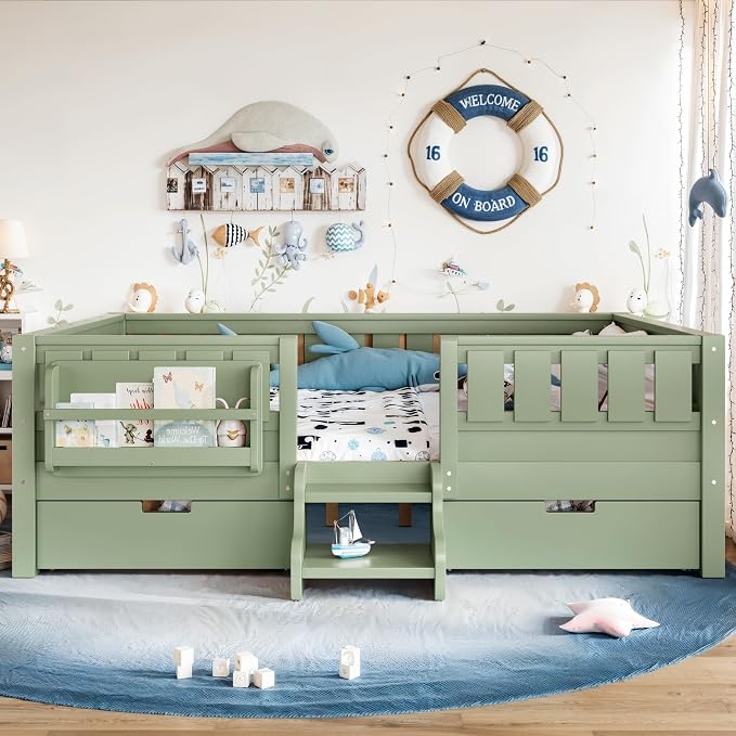 Bellemave Full Size Montessori Bed with Stairs, Rails and Slats, Full Size Montessori Floor Bed with Bookshelf and 2 Storage Drawers, Easy Assemble Beds Frame for Girls, Boys, Avocado Green