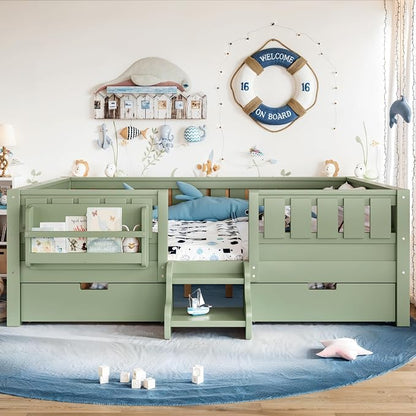 Bellemave Full Size Montessori Bed with Stairs, Rails and Slats, Full Size Montessori Floor Bed with Bookshelf and 2 Storage Drawers, Easy Assemble Beds Frame for Girls, Boys, Avocado Green