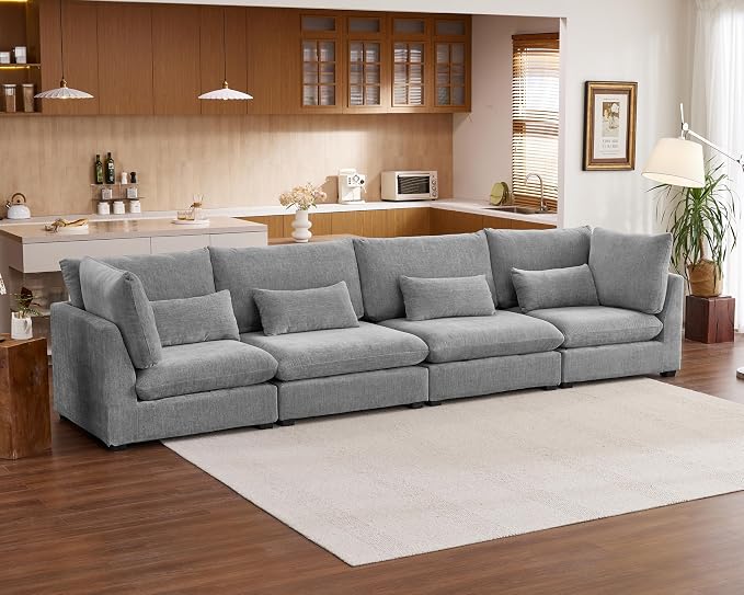 154" Oversized Chenille Couch Modular Sectional Sofa, Washable Cloud Cloud Sectional, 4 Seater Sectional Couches for Living Room, Fully Cover Removable, Basic 4 Seater, Chenille, Grey