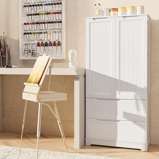 Gizoon 63" Tall Kitchen Pantry Cabinet with Drawers for Dining Room, Food Pantry Storage Cabinet with 6 Doors Shelves for Snack and Spice, Large Craft Storage Cabinet for Craft Room, White, Painted