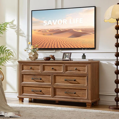 SAVOR LIFE Farmhouse 7 Drawer Dresser for Bedroom, 54” Horizontal Dressers & Chests of Drawers with Thickened Tabletop & Square Table Legs, Brown