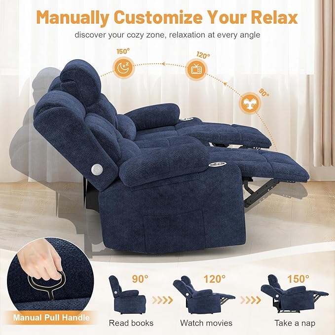 Dresegmt Loveseat Recliner Sofa, Flip Middle Backrest Design 3 Seat Reclining Sofa with Storage Drawer, USB Ports & Cup Holders, Manual Couch for Living Room/RV (Blue)