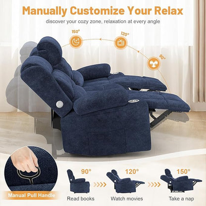 Dresegmt Loveseat Recliner Sofa, Flip Middle Backrest Design 3 Seat Reclining Sofa with Storage Drawer, USB Ports & Cup Holders, Manual Couch for Living Room/RV (Blue)