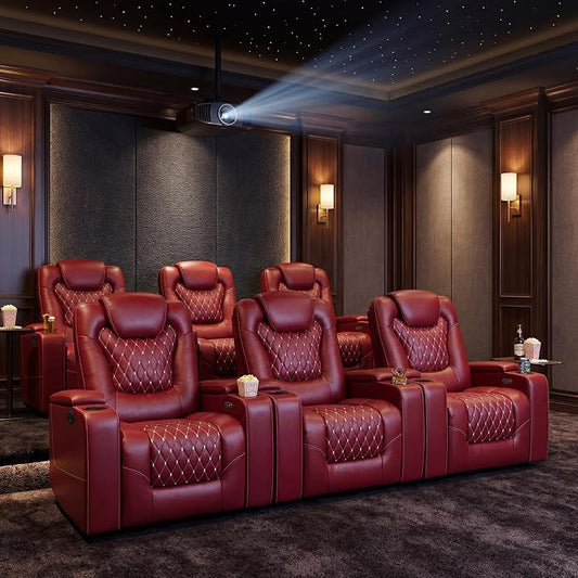 ANJ Power Recliner Chair Set of 6, Electric Soft Faux Leather Reclining Home Theater Seating - USB Ports, Cup Holders, Hidden Arm Storage Movie & Media Room Chairs (Red)