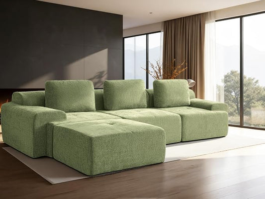 122" L-Shaped Modular Sectional Sofa, Oversized Boneless Cloud Couch for Living Room with Extra Deep Seat & High Back, Tool-Free No Assembly, Soft Chenille (Olive Green, 122 inch-L Shaped（3+1）)