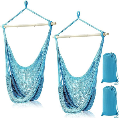 Barydat 2 Pcs Hanging Hammock Chair Boho Swing Chair Outdoor Indoor Comfy Soft Cotton Rope Weaving with 40 Inch Detachable Metal Bars for Backyard Living Room Garden, 270lb Capacity (Blue)