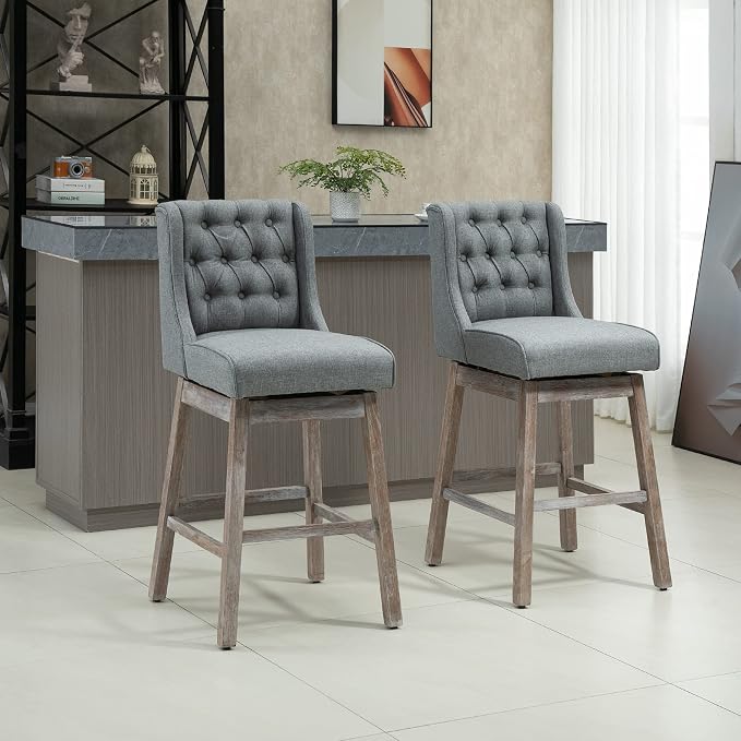 HOMCOM Bar Height Bar Stools Set of 2, 180 Degree Swivel Barstools with Solid Wood Footrests and Button Tufted Design, 30" Seat Height Bar Chairs for Kitchen Island, Gray