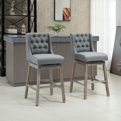 HOMCOM Bar Height Bar Stools Set of 2, 180 Degree Swivel Barstools with Solid Wood Footrests and Button Tufted Design, 30" Seat Height Bar Chairs for Kitchen Island, Gray